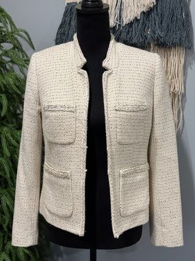 J.Crew Tweed Jacket Cream Ivory Bouclé Textured Blazer Size 2 Classic Chic